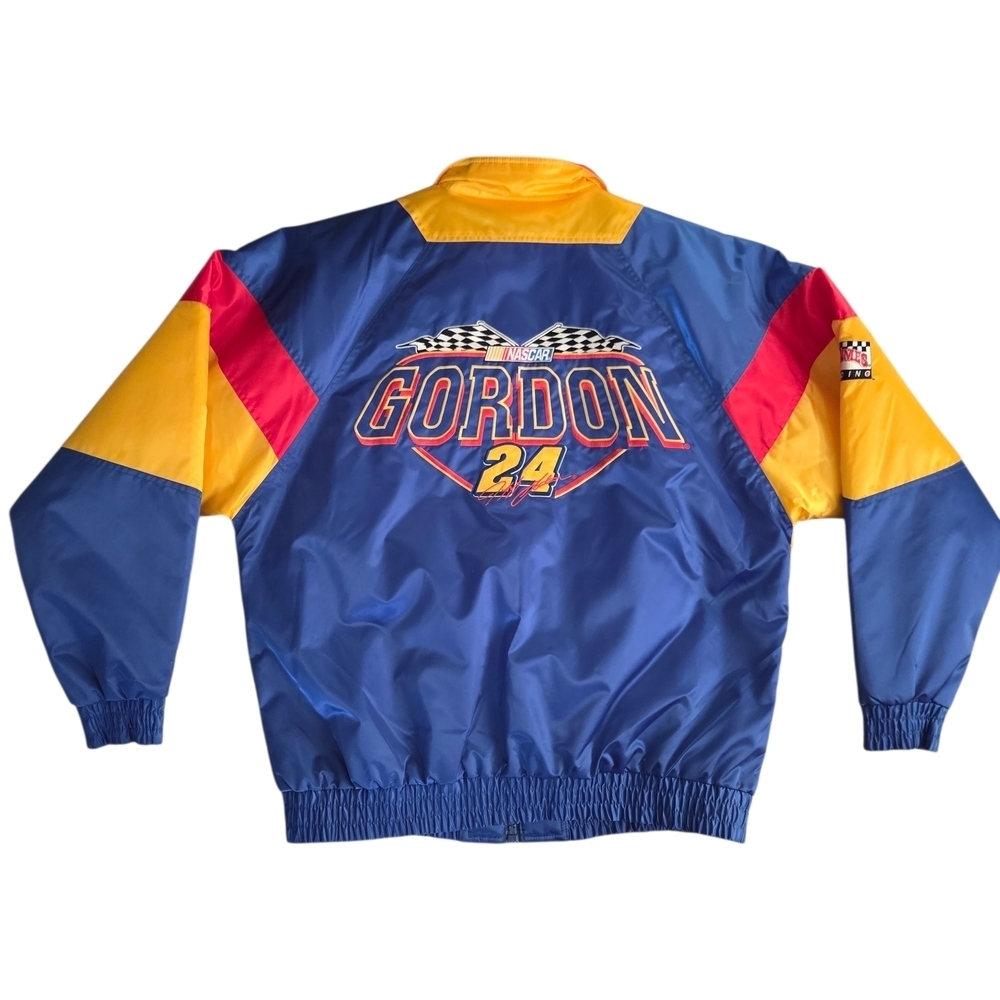 Vintage Nascar Nutmeg Mill 90s Jeff Gordon Blue and Yellow Racing Bomber Jacket